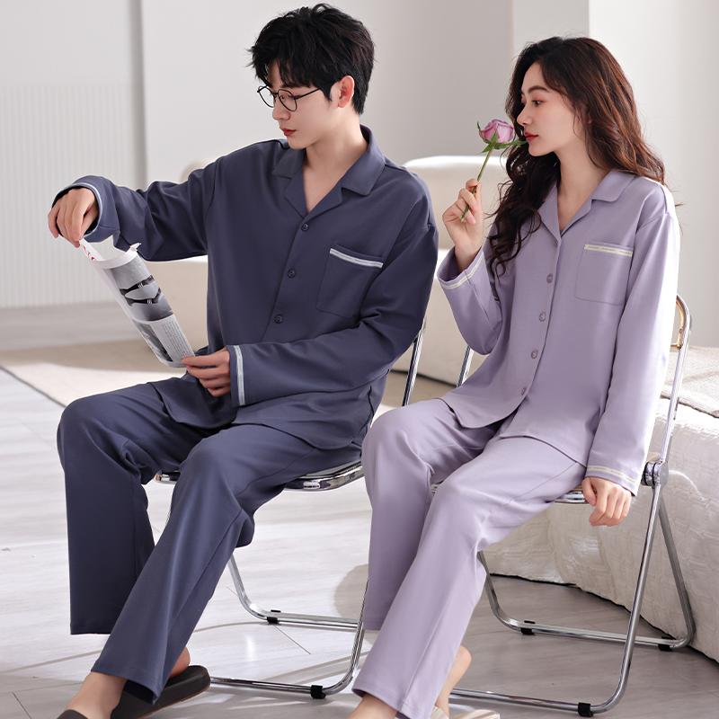 情侣款睡衣女春秋季纯棉长袖开衫加大码宽松男士家居服套装可外穿