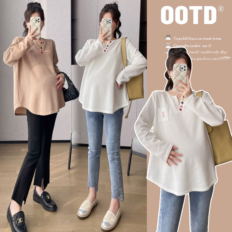 2025春秋季新款孕妇休闲V领时尚甜美刺绣宽松洋气孕妇T恤长袖卫衣