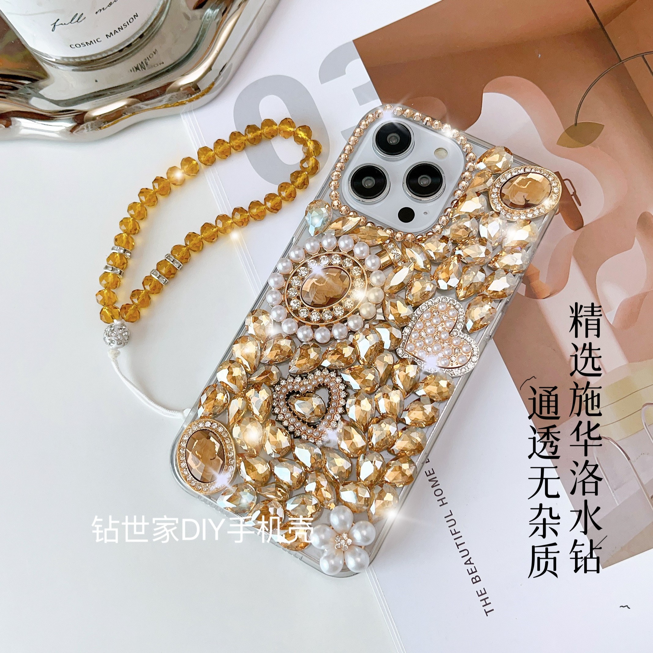 适用苹果16/华为/vivo/OPPO 金色复古女神满钻手机壳手工网红奢华