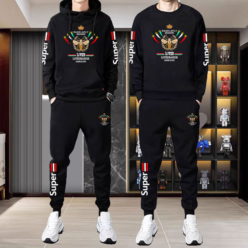 秋冬卫衣套装圆领运动休闲连帽加绒加厚时尚潮流青少年学生两件套