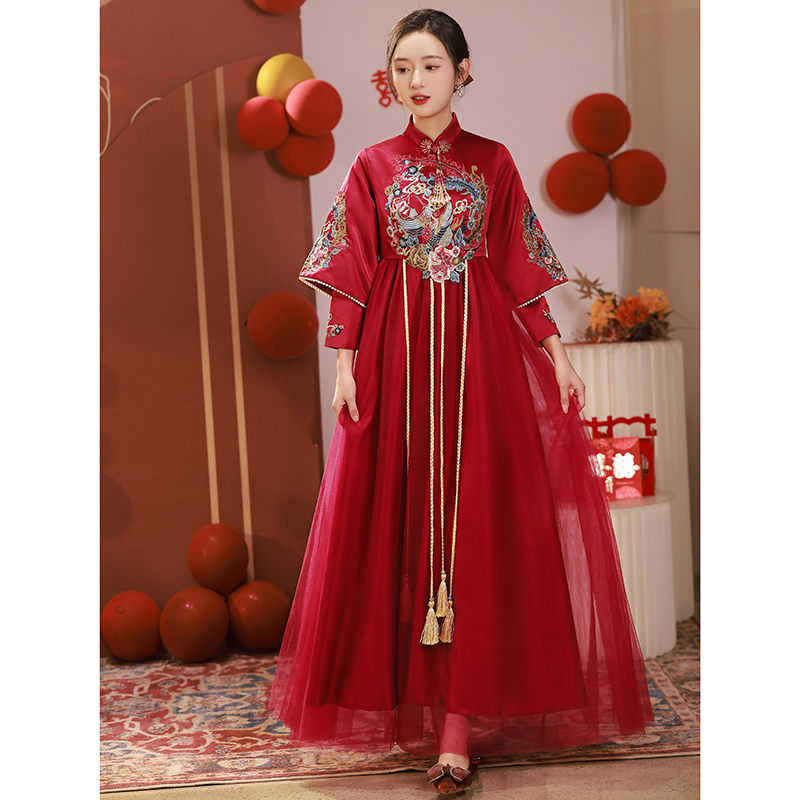 红色中国风长袖改良秀禾服复古爆款孕妇敬酒服新娘订婚服装礼服女