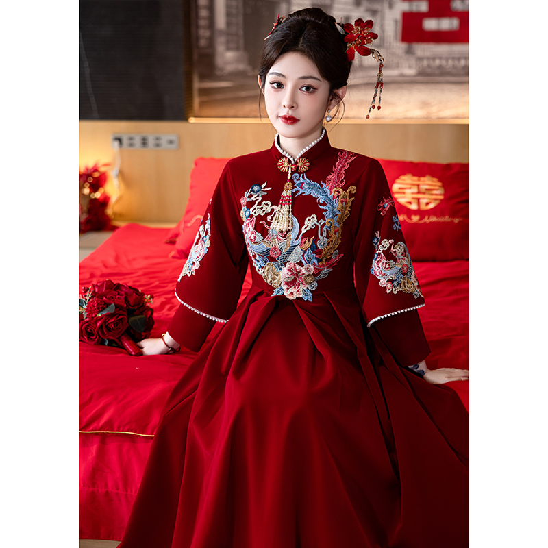 新中式敬酒服酒红色孕妇遮肚大码新娘结婚结婚礼服订婚婚服小个子