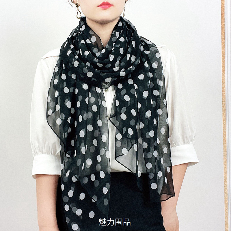 秋冬季薄纱巾气质波点防晒保暖披肩长丝巾女经典圆点女士护颈围巾