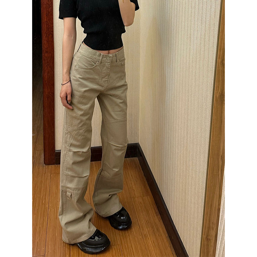 美式复古卡其色工装裤女辣妹宽松显瘦高腰微喇叭设计感拖地低腰裤