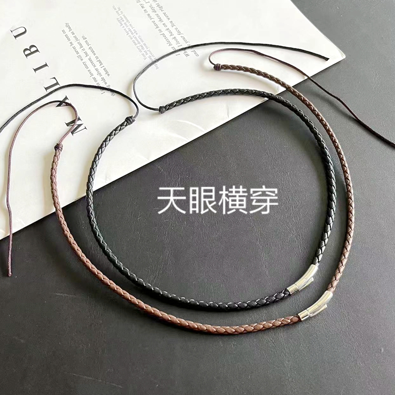 钛钢皮质项链 天眼横穿锁骨绳真皮黑色项链绳吊坠绳挂脖简约男士