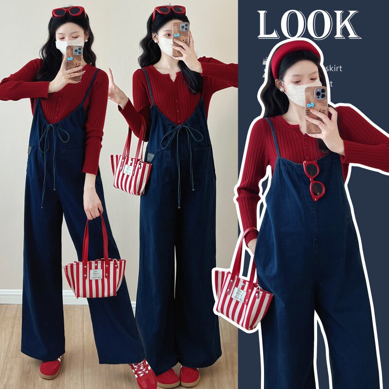 孕妇秋季新款牛仔背带裤宽松显瘦阔腿裤炸街孕妇穿搭打底弹力针织