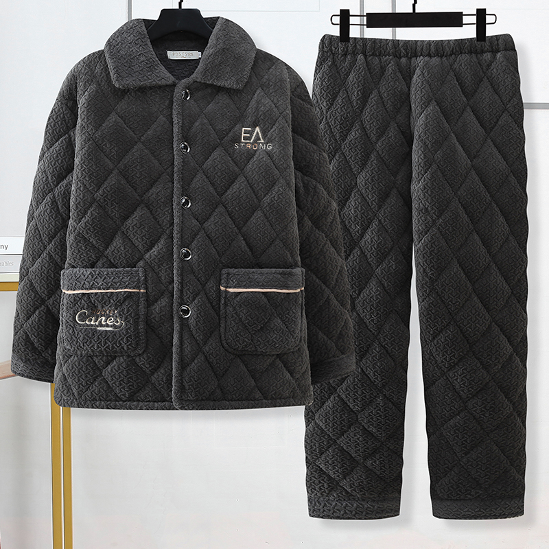 睡衣男冬季加厚爸爸中老年棉袄三层夹棉珊瑚绒保暖加绒家居服套装