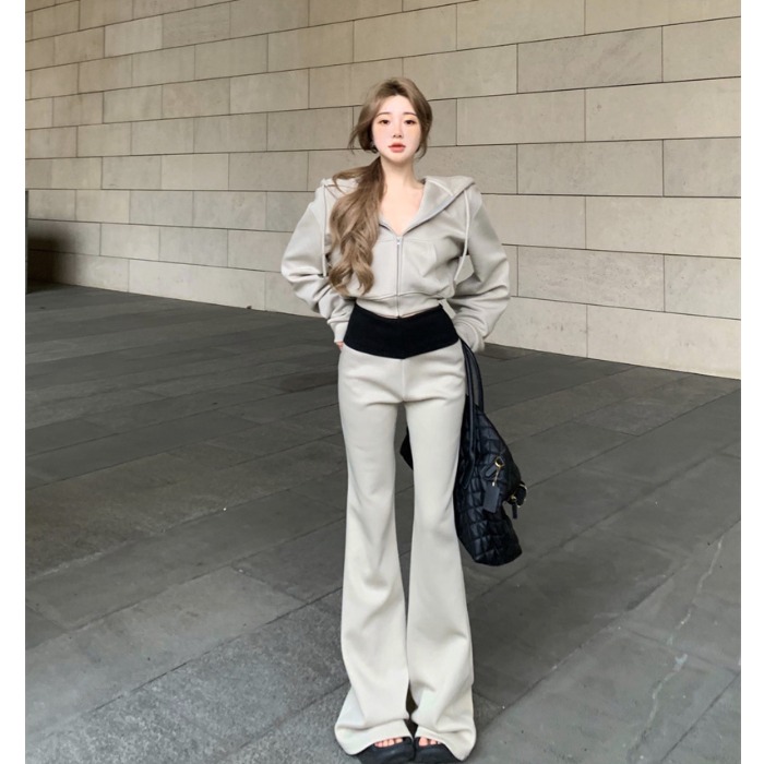 春季连帽拉链长袖卫衣外套上衣撞色微喇叭拖地裤子加绒加厚一整套