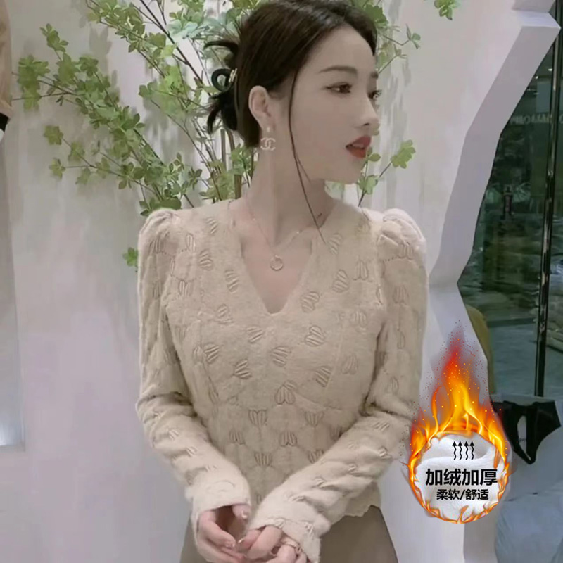 蕾丝打底衫女秋冬季新款韩版磨毛修身洋气质百搭显瘦小衫上衣镂空