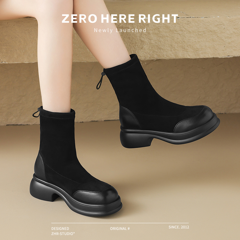 ZHR/则则弹力靴女2025冬季英伦风显瘦袜靴百搭厚底时尚瘦瘦靴女靴