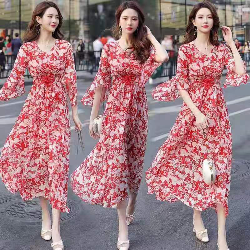 碎花雪纺连衣裙2025新款夏收腰显瘦荷叶边气质小清新甜美超仙长裙