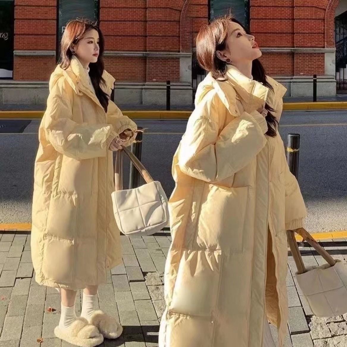 长款棉服奶黄保暖时尚宽松连帽韩版过膝秋冬学生百搭加厚ins