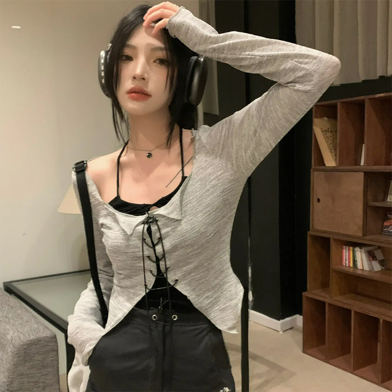 酷妹开衫长袖T恤女春小众独特别致短款纯欲又甜又辣chic两件套装