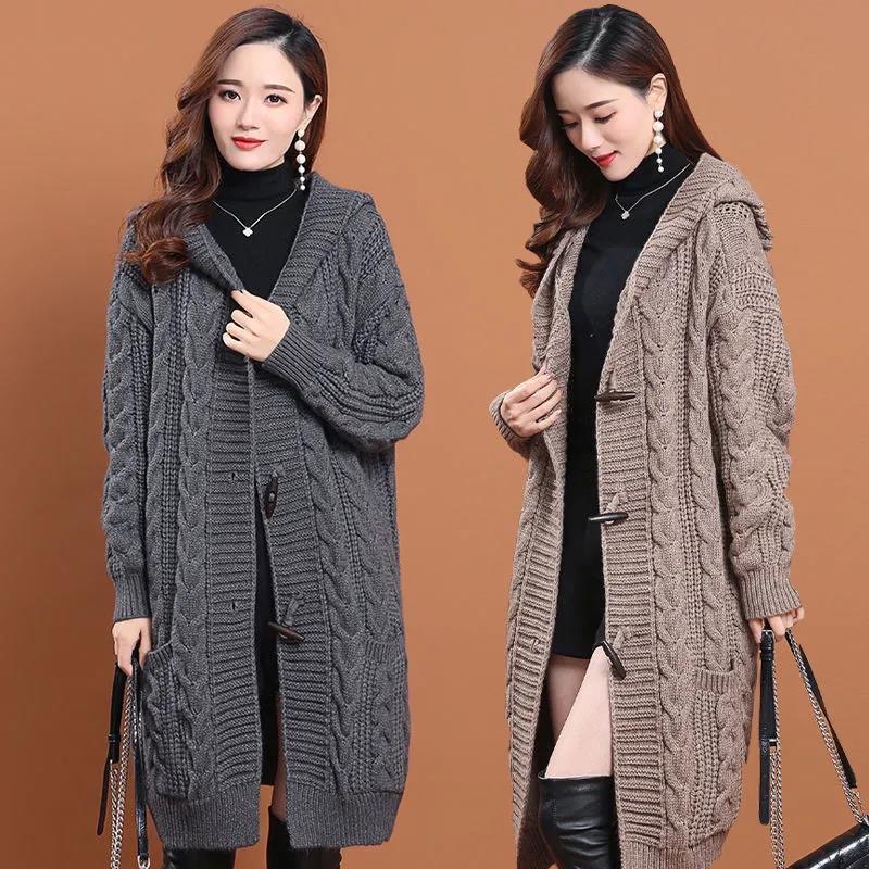 春秋冬季妈妈连帽针织开衫外套时尚宽松加厚长款粗线麻花毛衣外搭