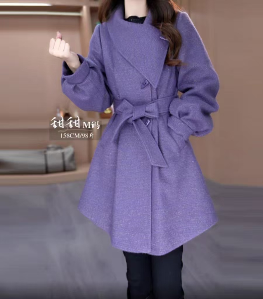小香风毛呢外套2024新款秋冬高级感妈妈紫色斗篷披风加厚大衣