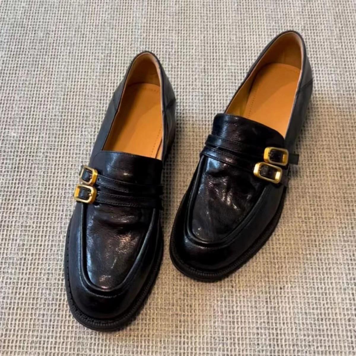 法式复古皮带扣厚底乐福鞋2024年粗跟单鞋英伦学院风黑色小皮鞋女