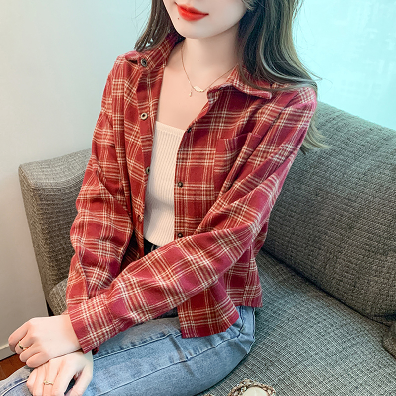 复古磨毛格子衬衫女2025新款春秋新款韩版长袖上衣设计感短款衬衣