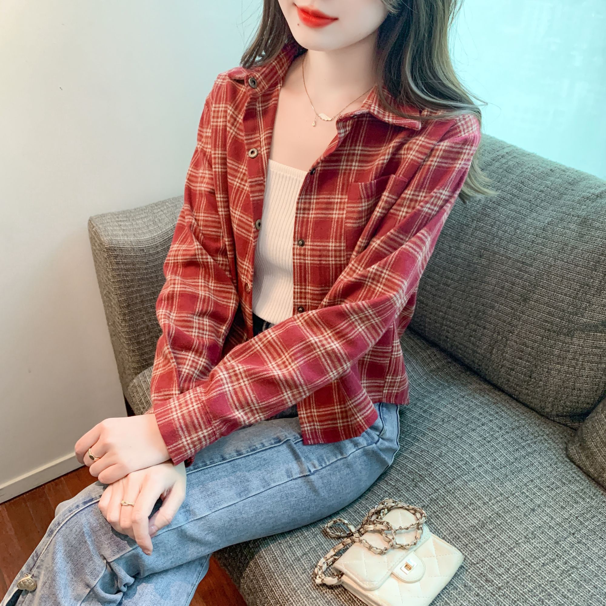 磨毛格子小个子衬衫女春秋冬新款POLO领长袖短款加绒正肩休闲外套