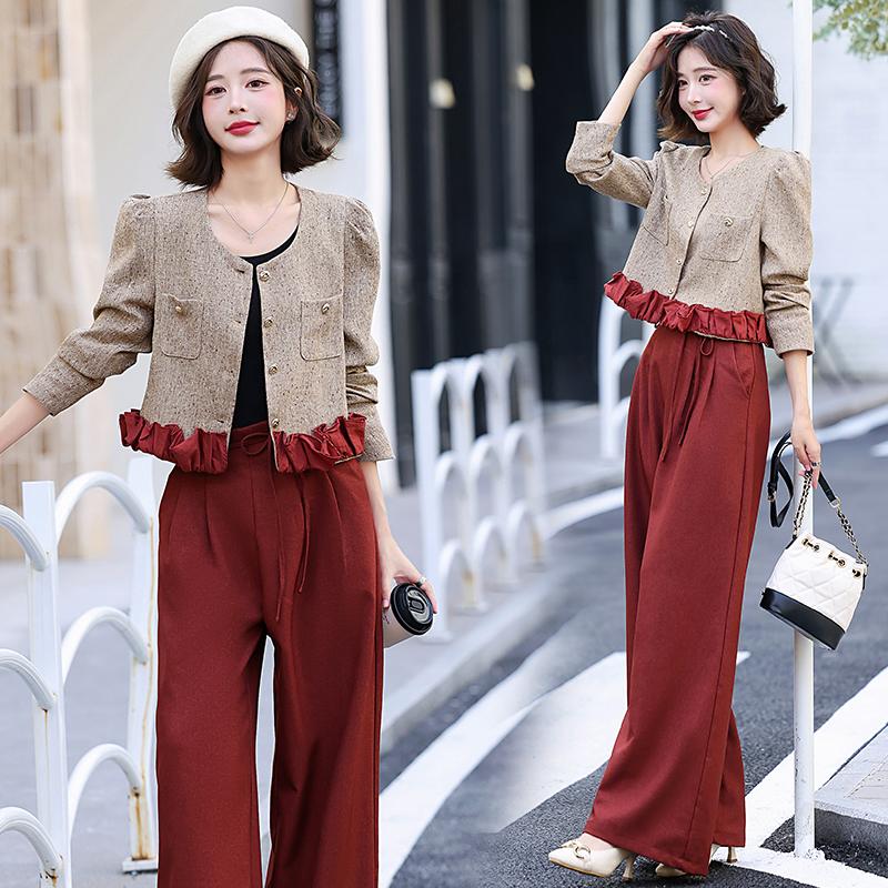 时尚小香风套装2025秋装新款名媛气质女神范复古减龄阔腿裤两件套
