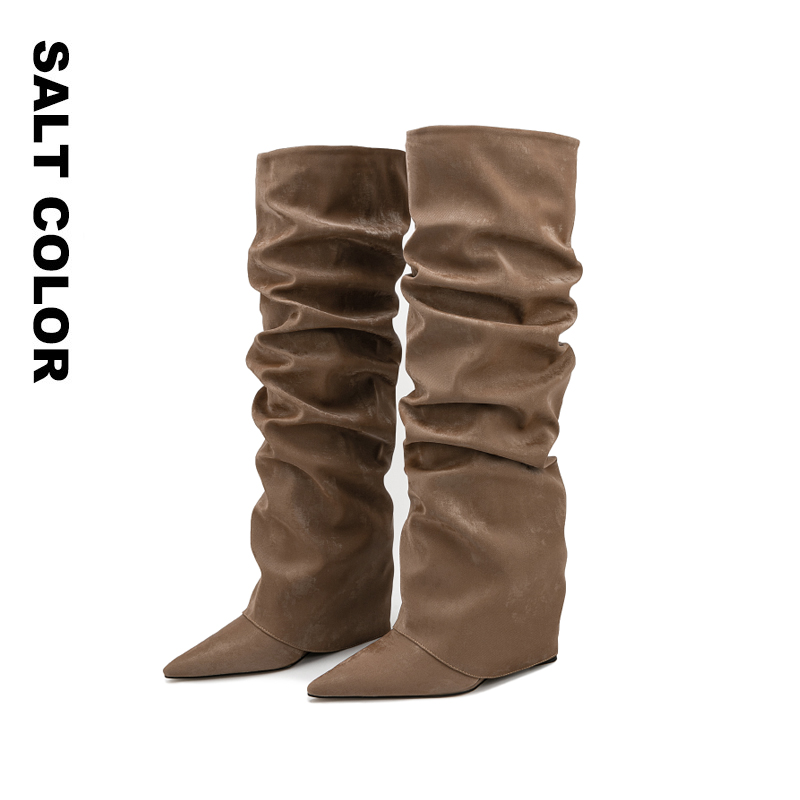 【古丽娜扎同款】Saltcolor尖头坡跟褶皱靴女高跟宽松一脚蹬裤管靴