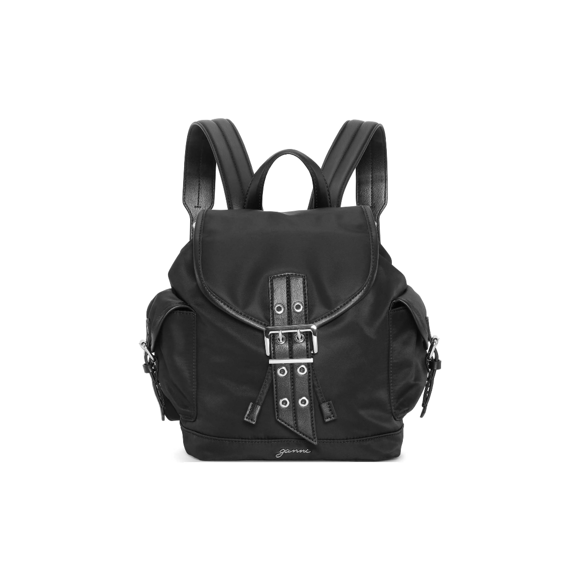 GANNI黑色翻盖式索绳背包双肩包春日慢人风欧美风百搭休闲
