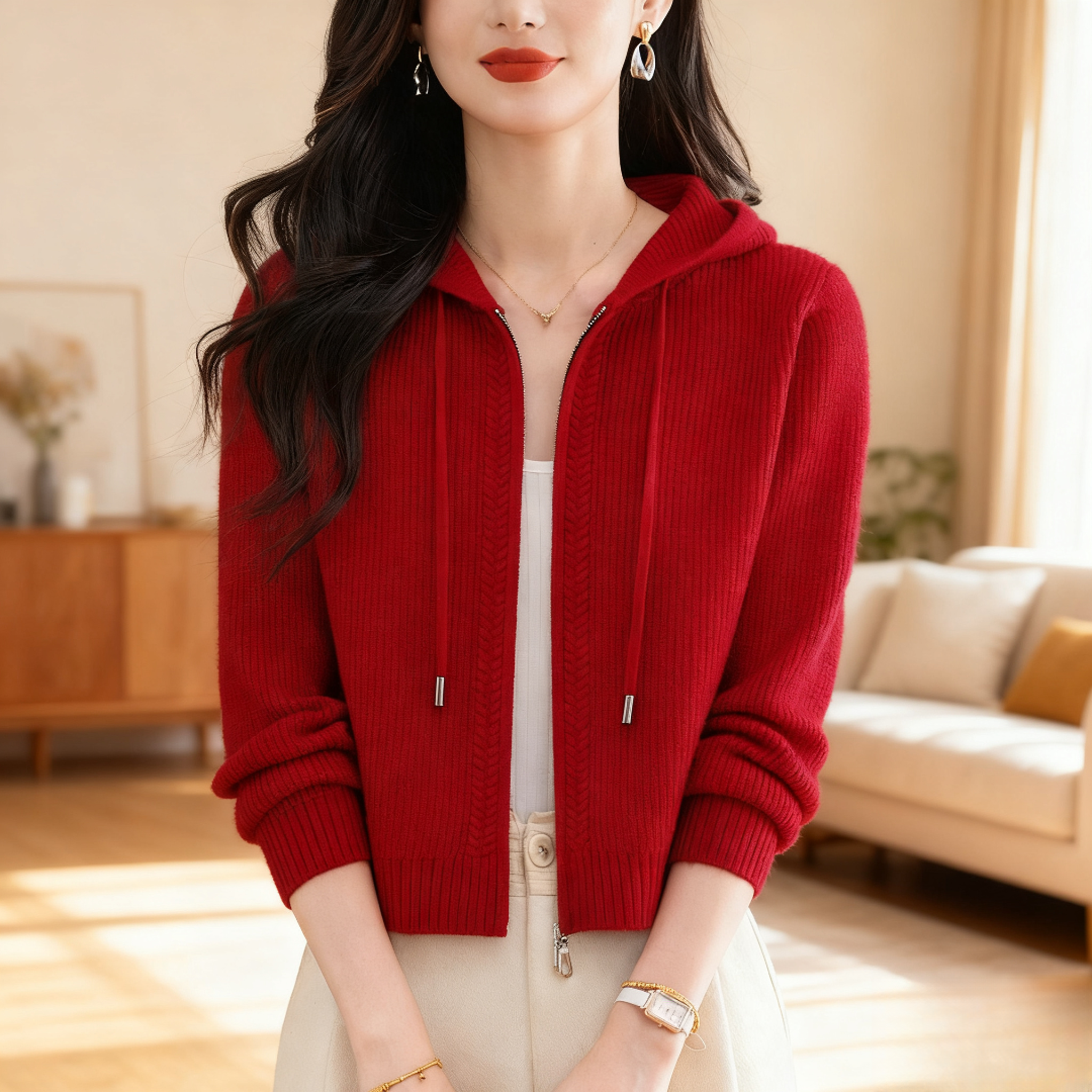 纯100羊毛衫连帽短款针织毛衣外套女2025春秋新款外搭小个子开衫