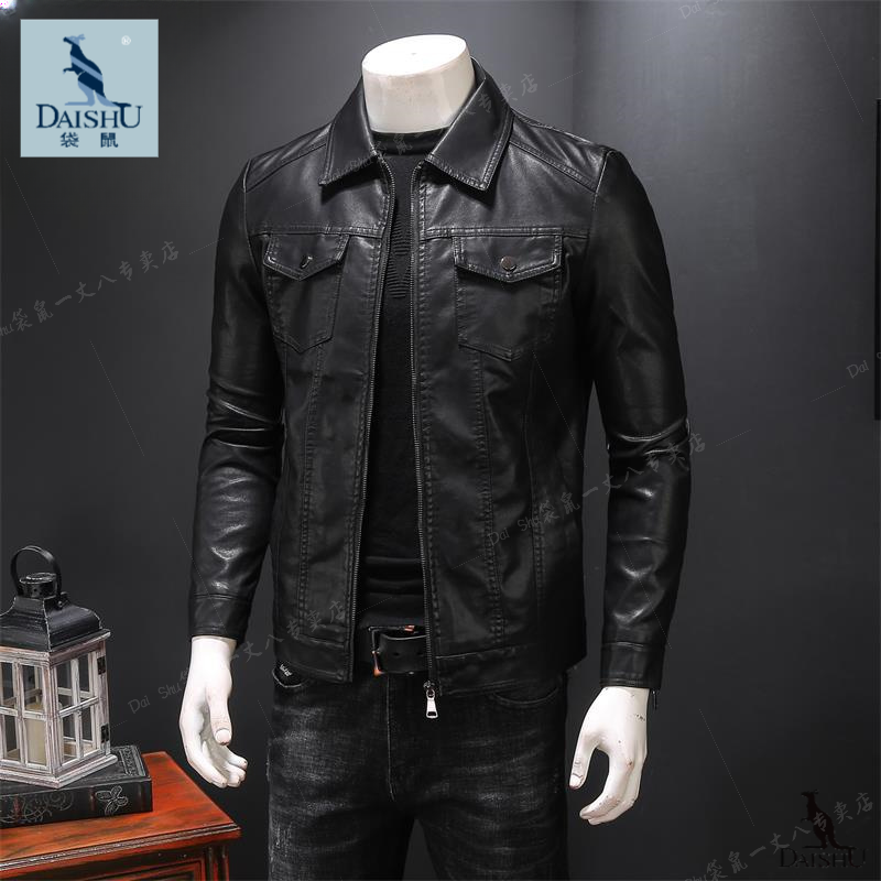 袋鼠/专柜高端海宁皮衣男春秋季商务休闲机车加绒皮衣立领夹克男