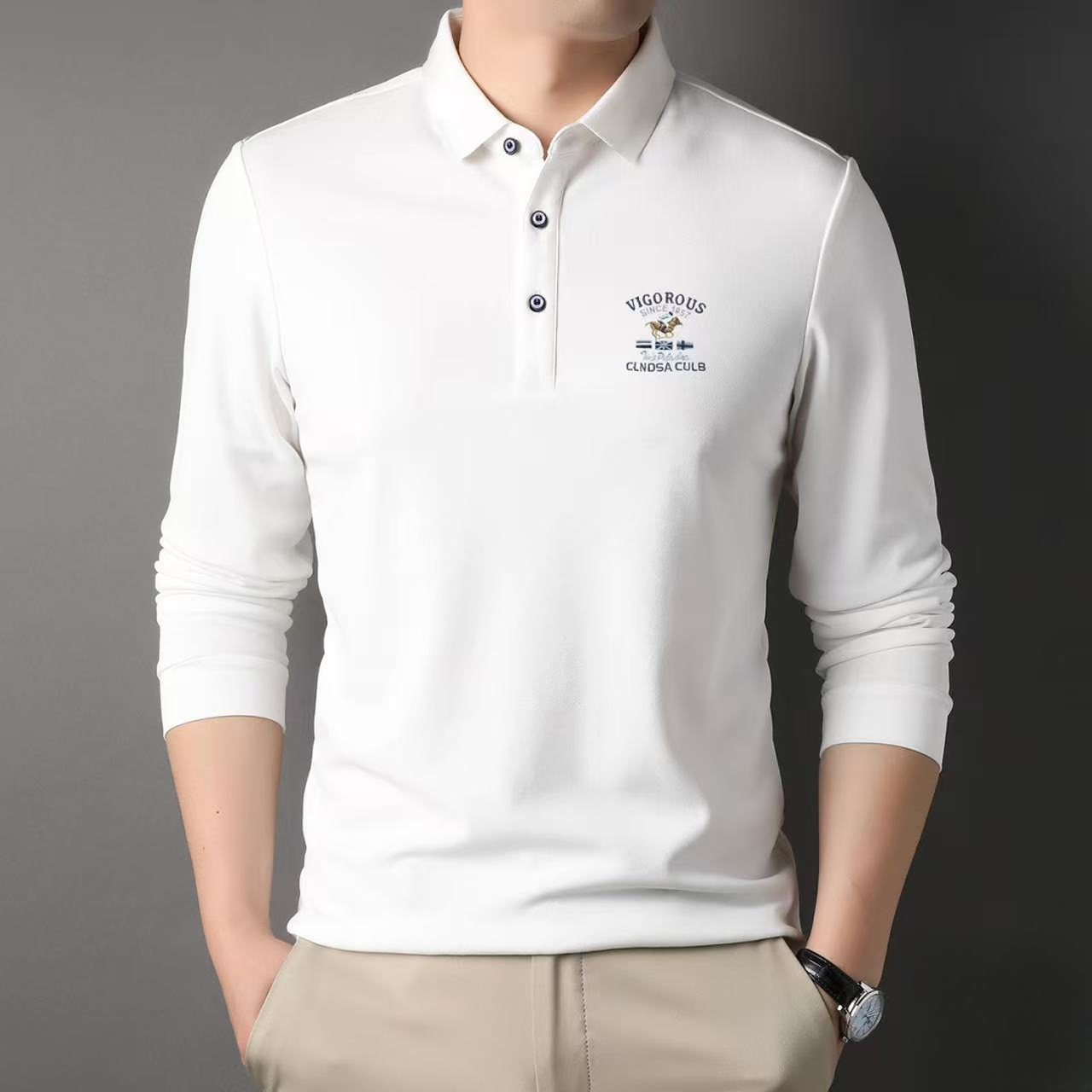 【BINUOSI】长袖轻奢高端保罗刺绣休闲薄款宽松纯色秋季新款Polo衫