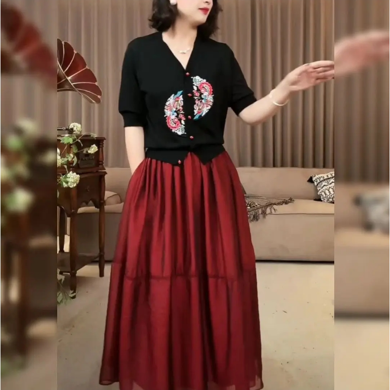 【红笺淡墨】v领冰爽轻熟肤感半身裙套装显瘦气质中式绣花纯半身裙