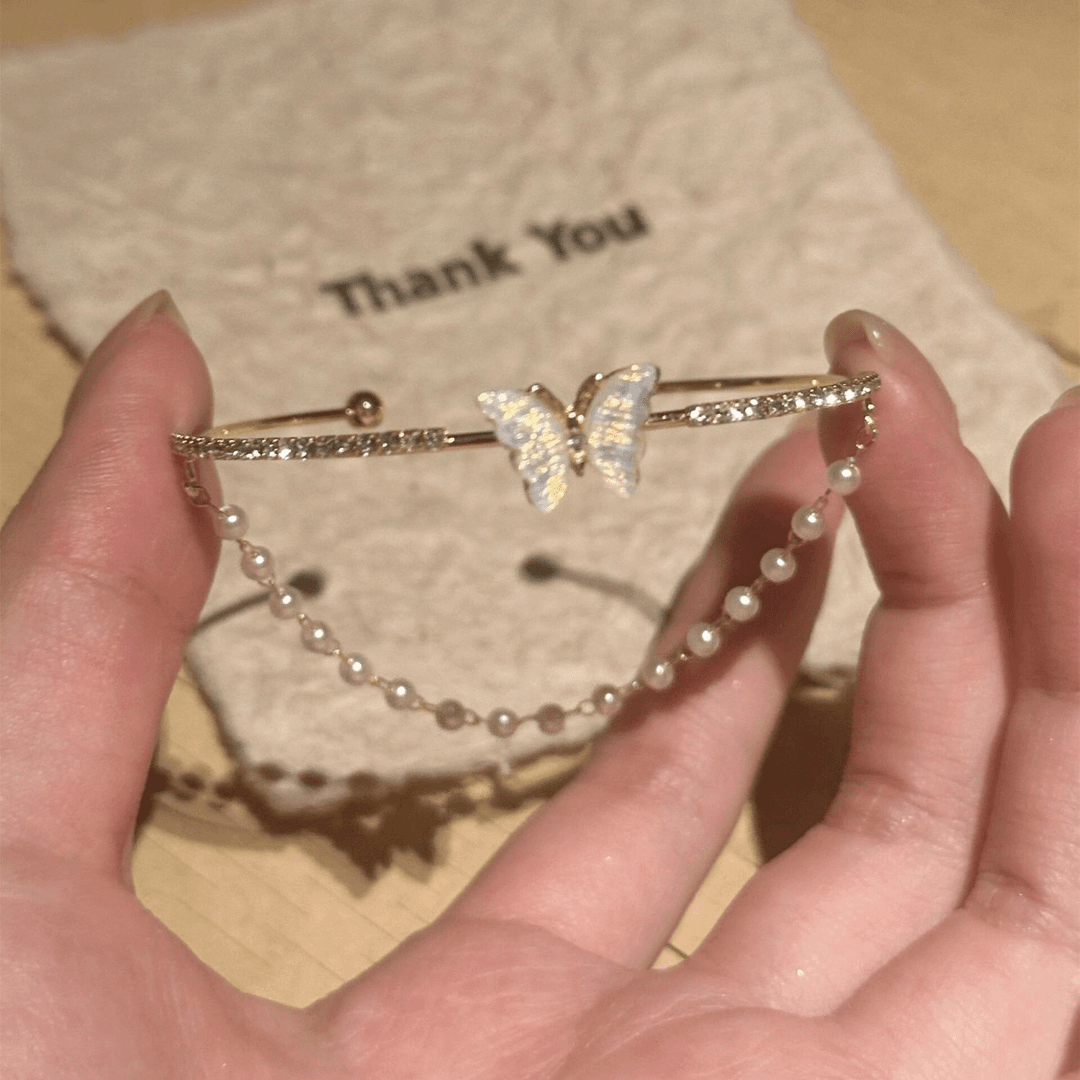 合金手镯 极光蝴蝶珠珠手镯女开口镯子轻奢小众手环双层复古手饰