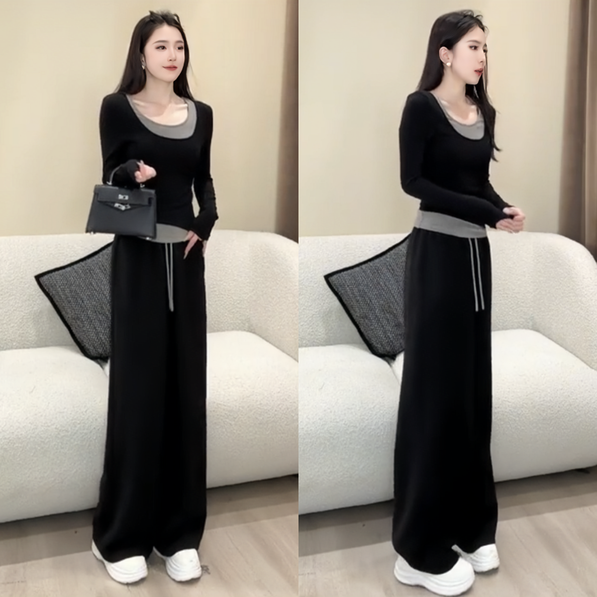 套装女2025春秋新款设计感小众假两件上衣搭百搭显瘦阔腿裤两件套