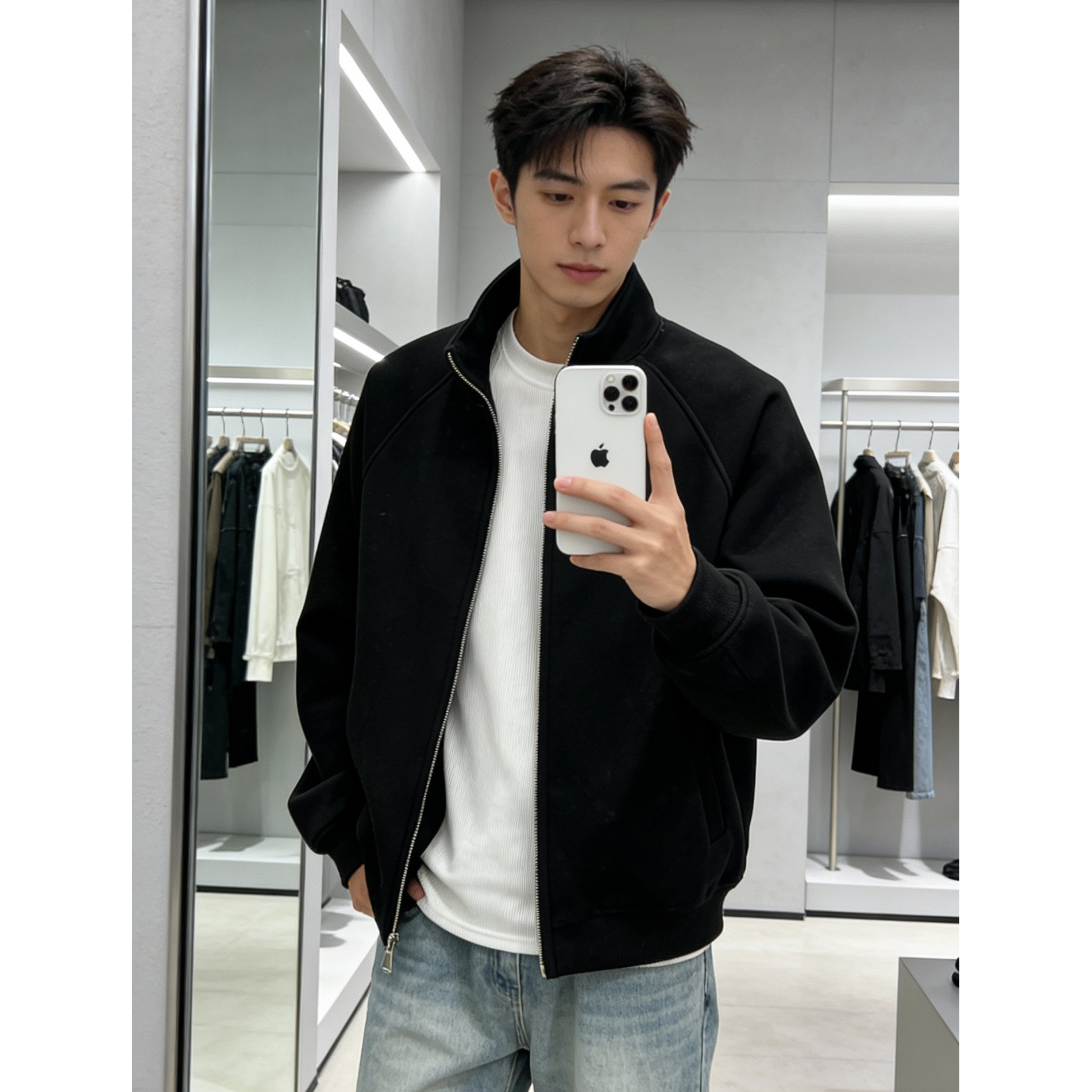 简约时尚纯色立领卫衣外套男士春秋宽松休闲百搭双拉链开衫秋冬款