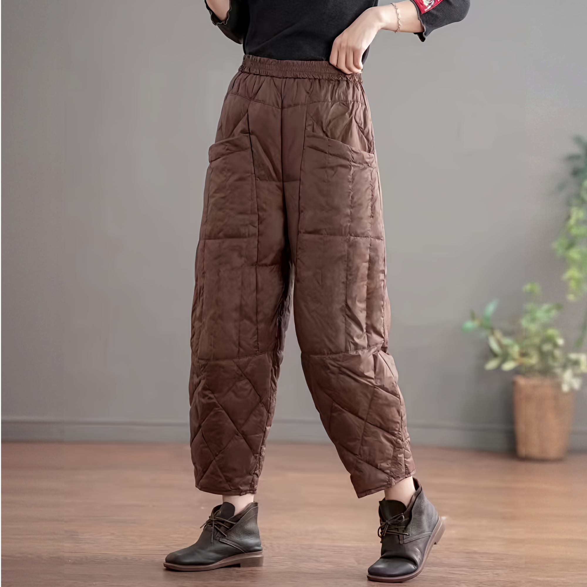 时尚洋气显瘦大口袋鸭羽绒裤加厚外穿休闲轻柔冬季菱格云朵裤现货