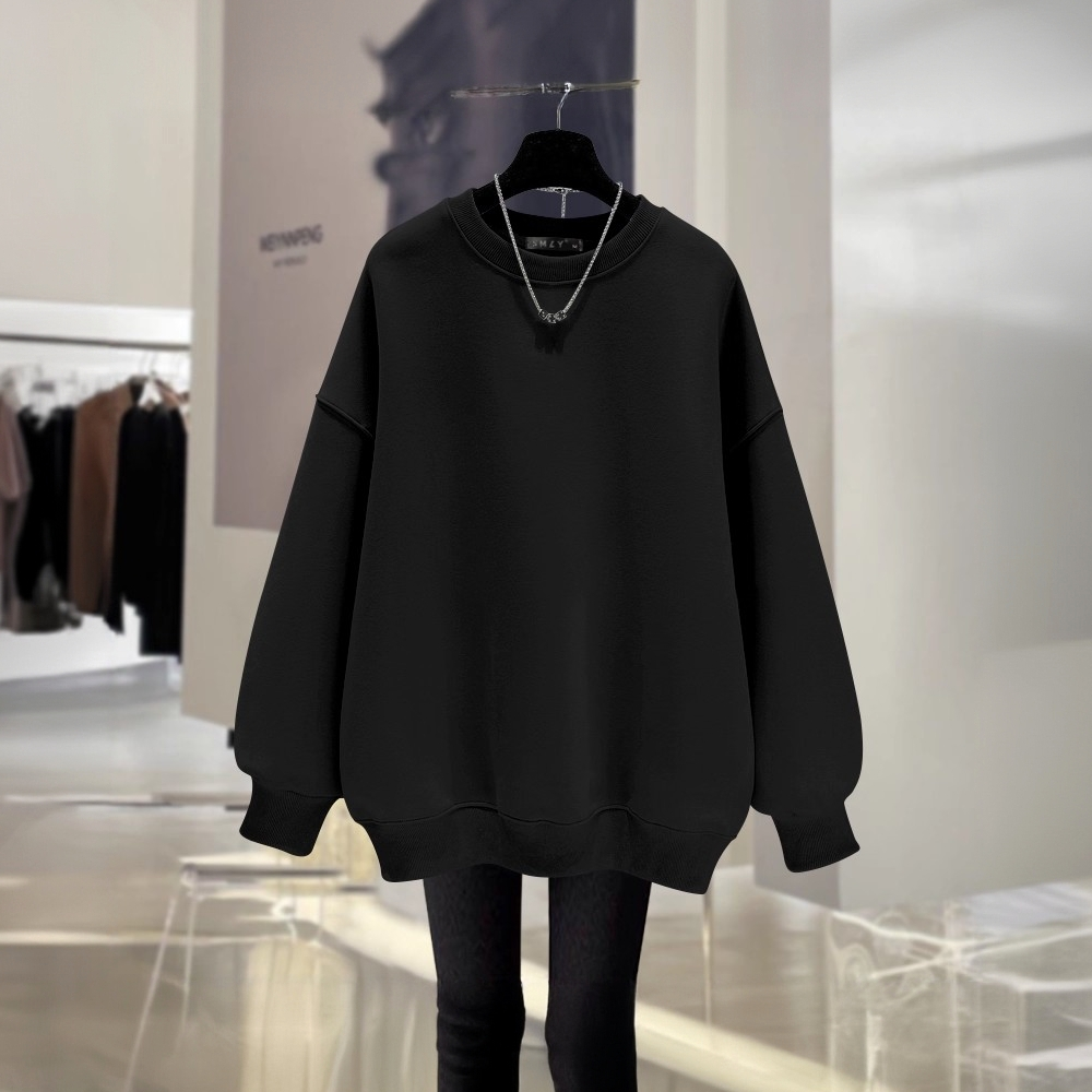 大码纯色圆领卫衣女2025春秋冬宽松加绒加厚慵懒风中长款遮屁股潮