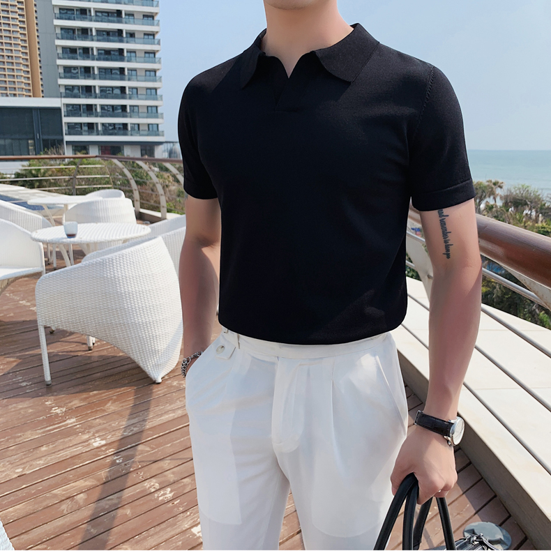 polo衫男短袖夏季薄款针织纯色冰丝t恤韩版潮流修身男士休闲体恤