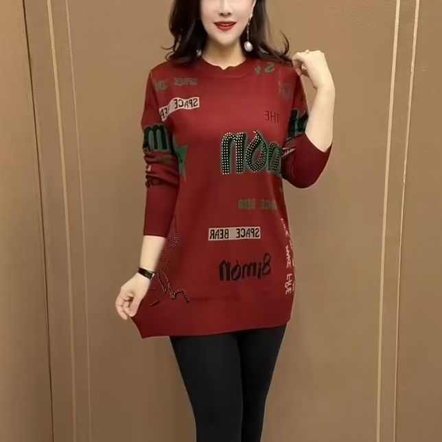 冬季新款洋气提花保暖针织衫时尚气质中年妈妈大码宽松显瘦毛衣