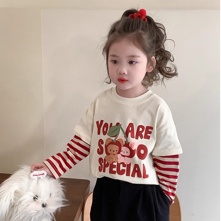 女童春秋t恤2025新款儿童洋气长袖纯棉女宝宝秋季假两件上衣秋装T