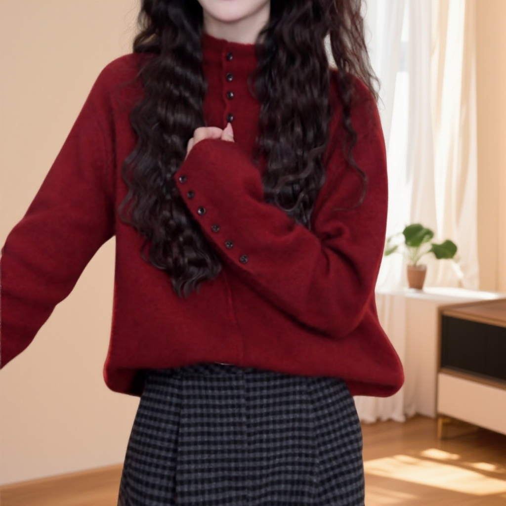 【多扣立领】巨洋气宽松百搭秋冬纯色半高领纽扣毛衣长袖针织打底衫