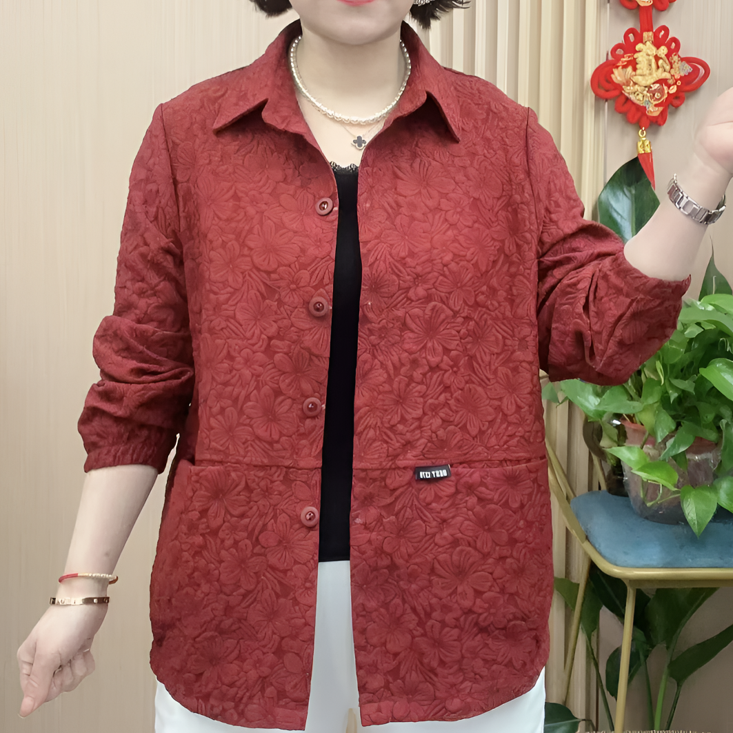 春季翻领提花女短外套休闲上衣时尚妈妈装百搭薄款纽扣翻领衬衫