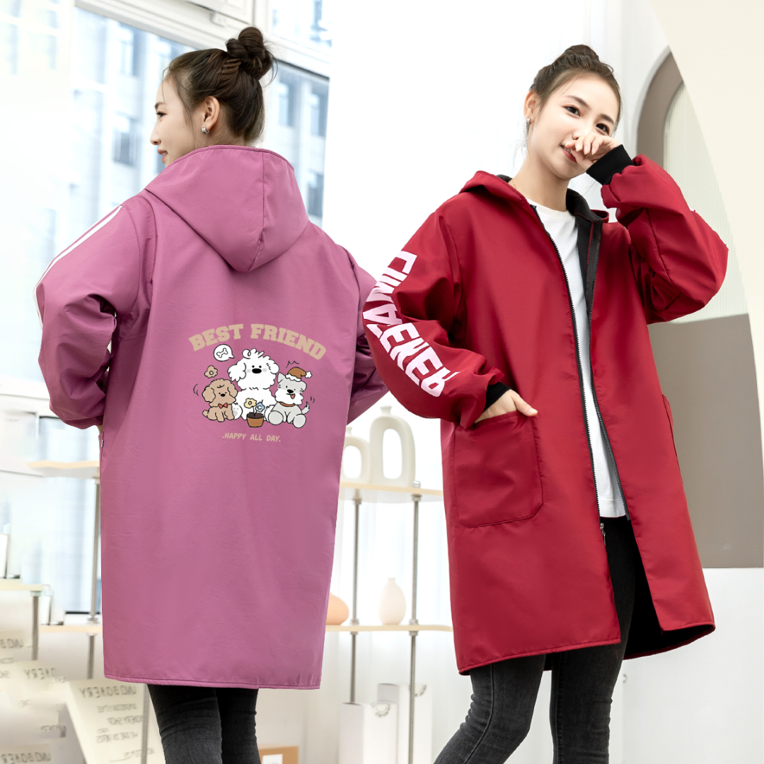 家用卡通连帽工作服厨房围裙罩衣防泼水防油保暖加绒加厚可印字女