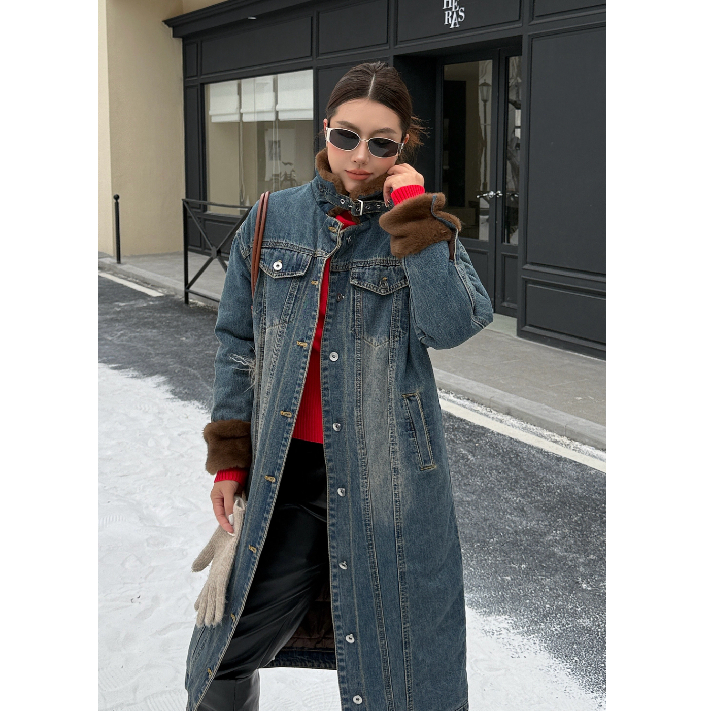 秋冬复古加厚毛领牛仔外套中长款宽松显瘦保暖棉服大衣气质高级感