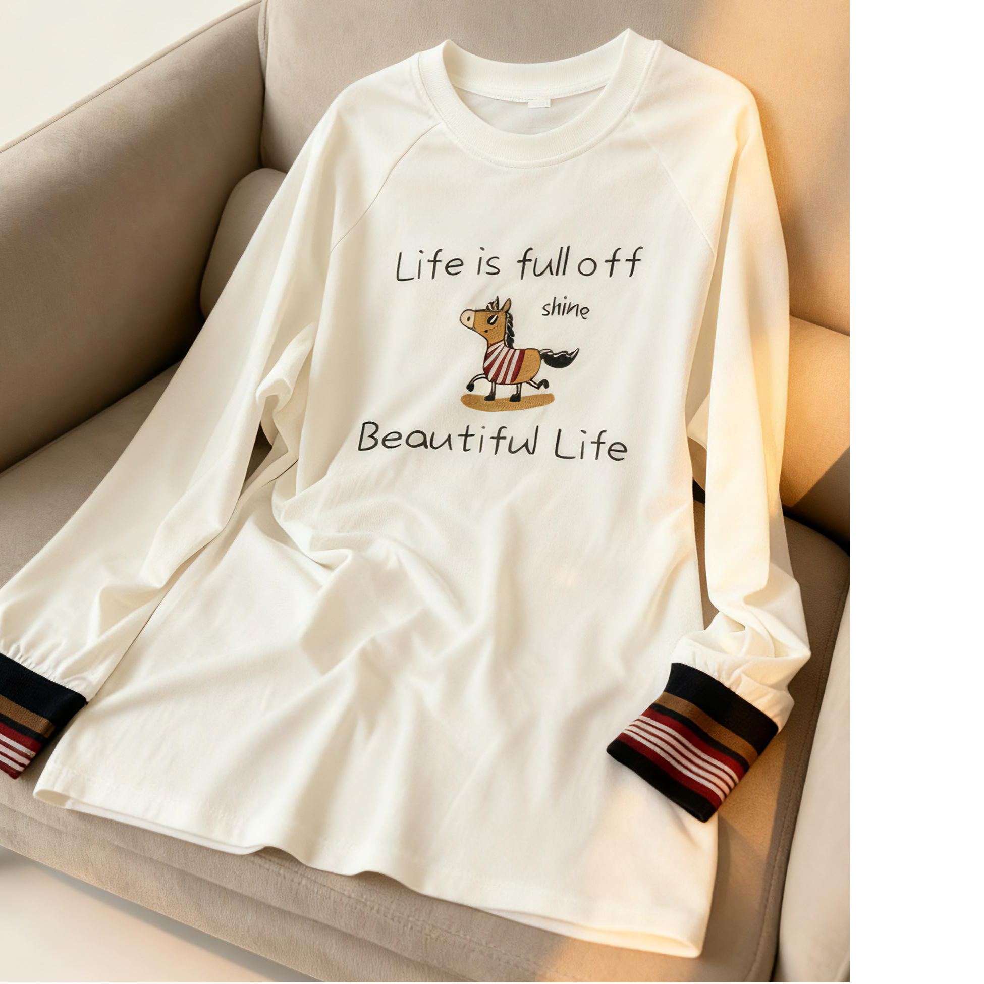 卡通纯棉白色打底女新款宽松春秋冬针织拼接袖口长袖中长t恤加绒