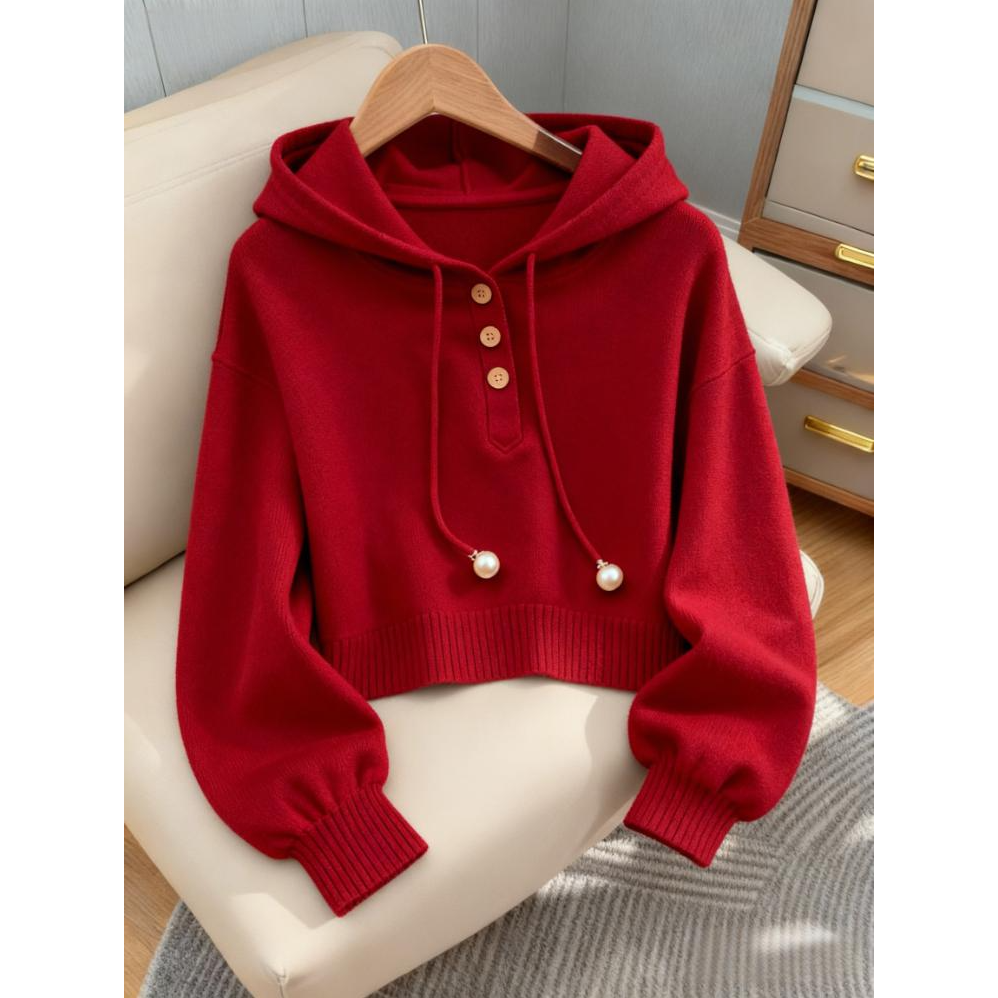 2025秋装新款穿搭慵懒高级感上衣红色韩版别致气质连帽毛衣针织衫
