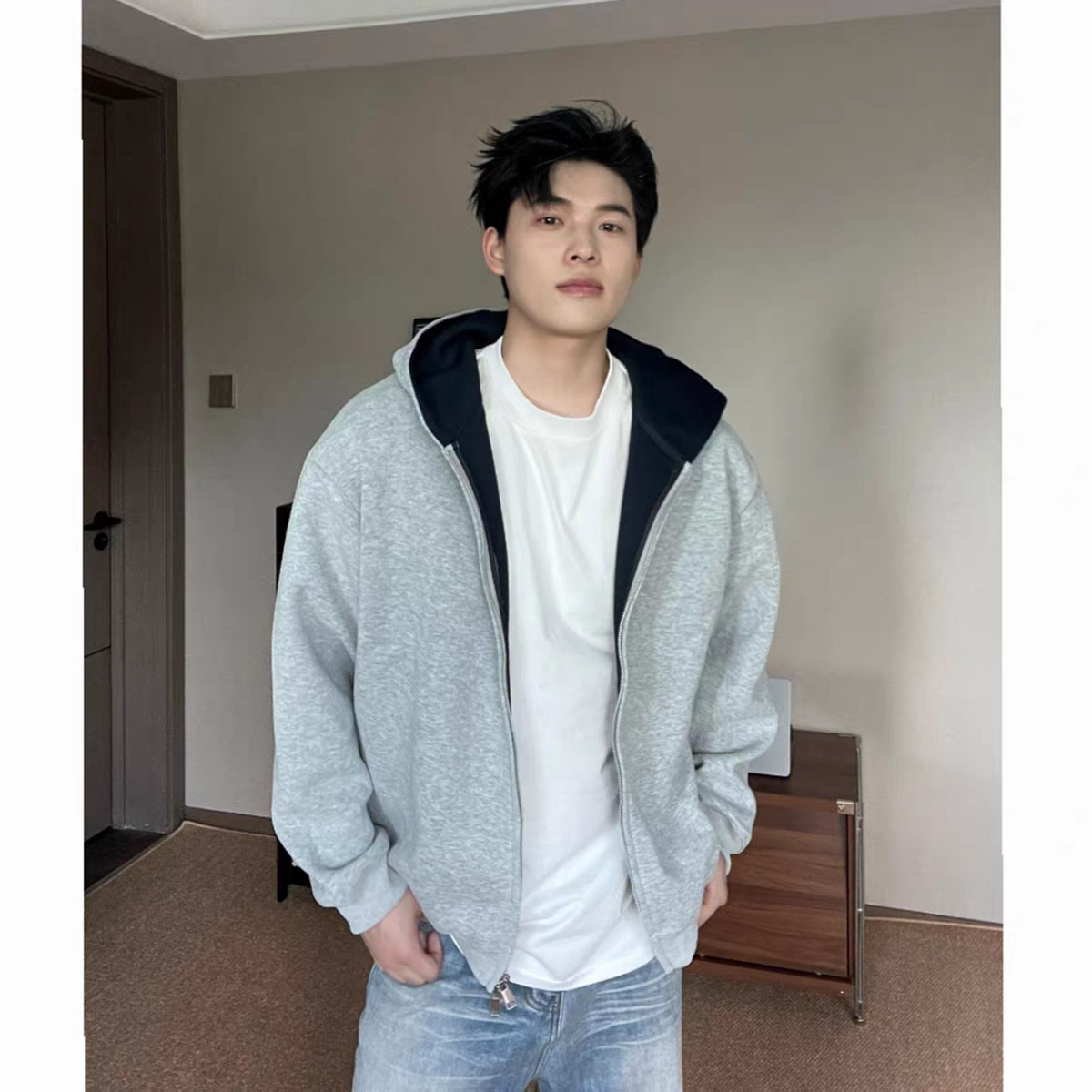 新款重磅拼色连帽卫衣开衫秋冬韩版宽松休闲百搭外套男款春秋上衣