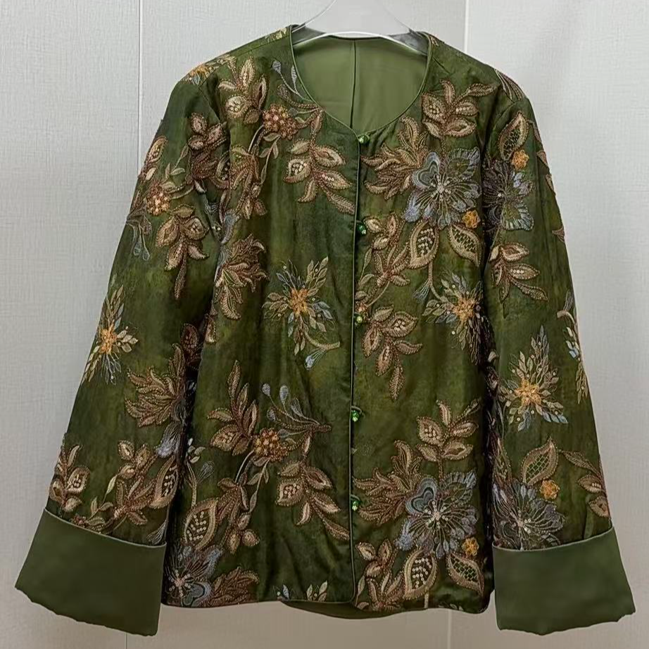 【青笺】国风新中式花卉刺绣复古典雅绿色夹棉款中国风长袖外套女