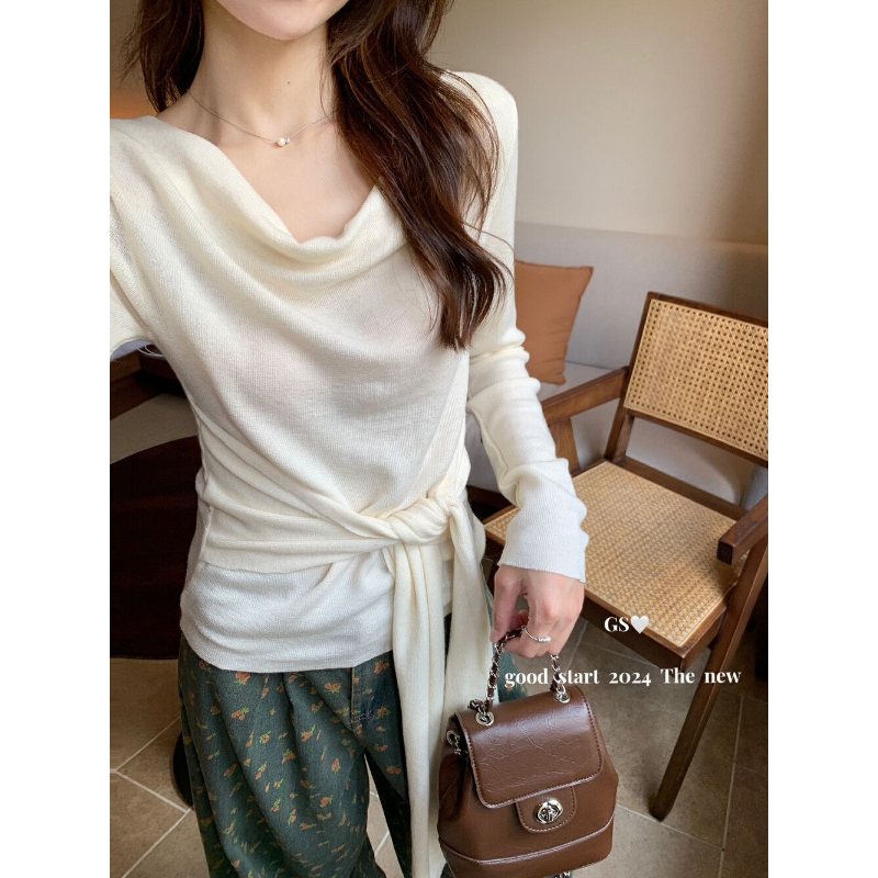 法式知性风别致不规则设计感长袖春秋软糯舒适打底衫显瘦针织衫女