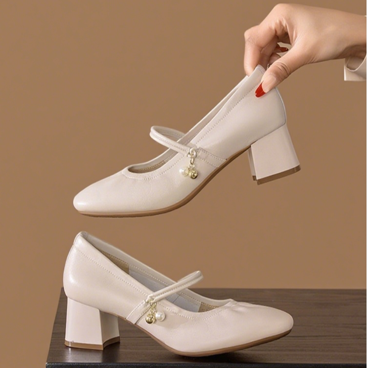 粗跟玛丽珍单鞋女2025新款真皮浅口一字带软底不累脚百搭高跟皮鞋