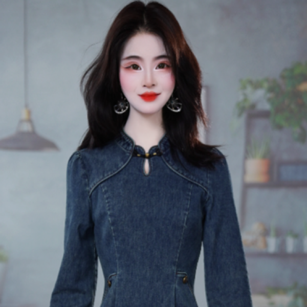 2025秋季新款气质优雅时尚高端修身女神减龄百搭牛仔连衣裙M-4XL