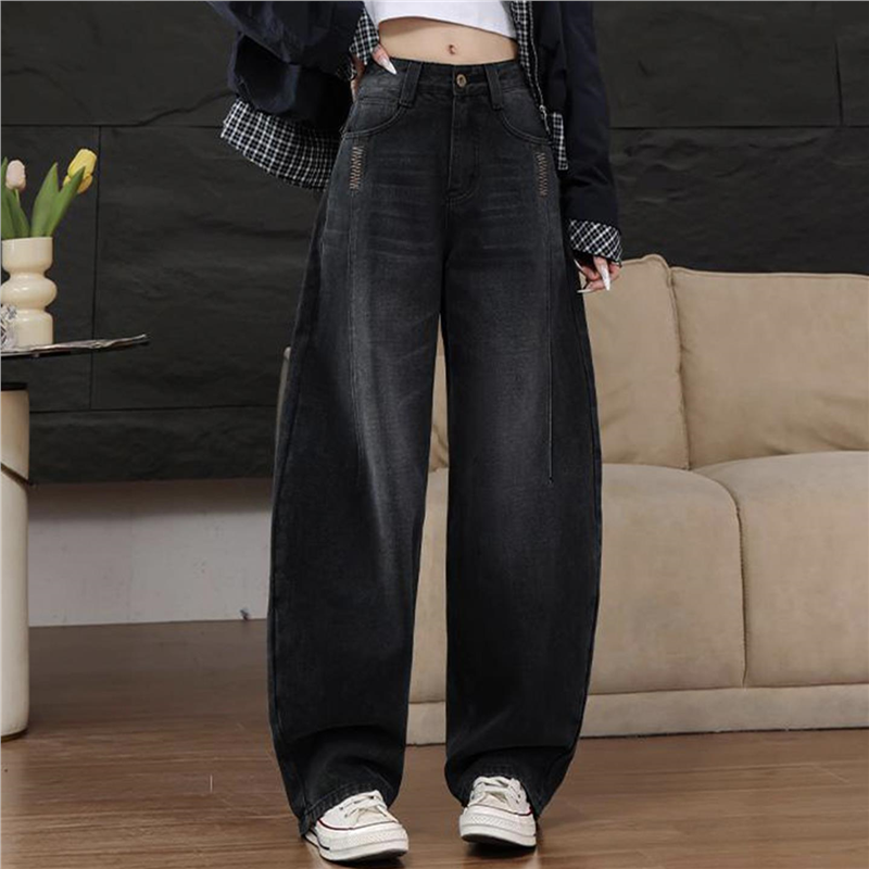 黑灰色弯刀牛仔裤女2025年秋冬新款复古设计感撞色加绒百搭香蕉裤