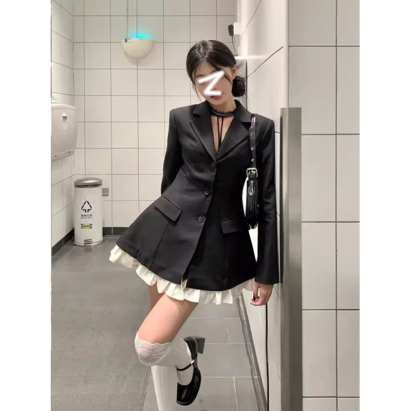 高级感撞色拼接设计西装连衣裙女2025春季气质chic收腰A字裙短裙